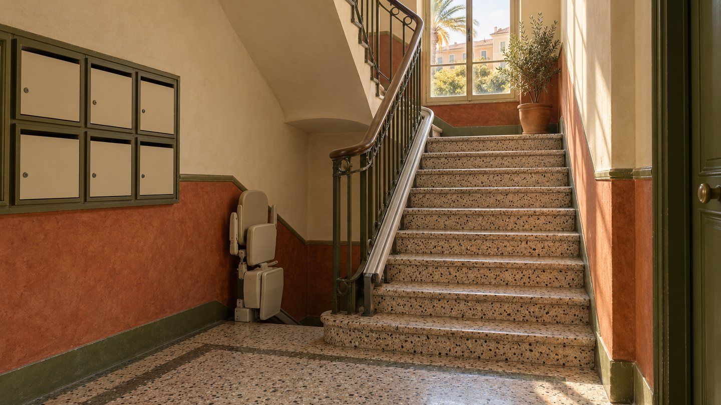 Le rail d’un monte-escalier le long de la cage d’escalier commune d’un immeuble des années 1960