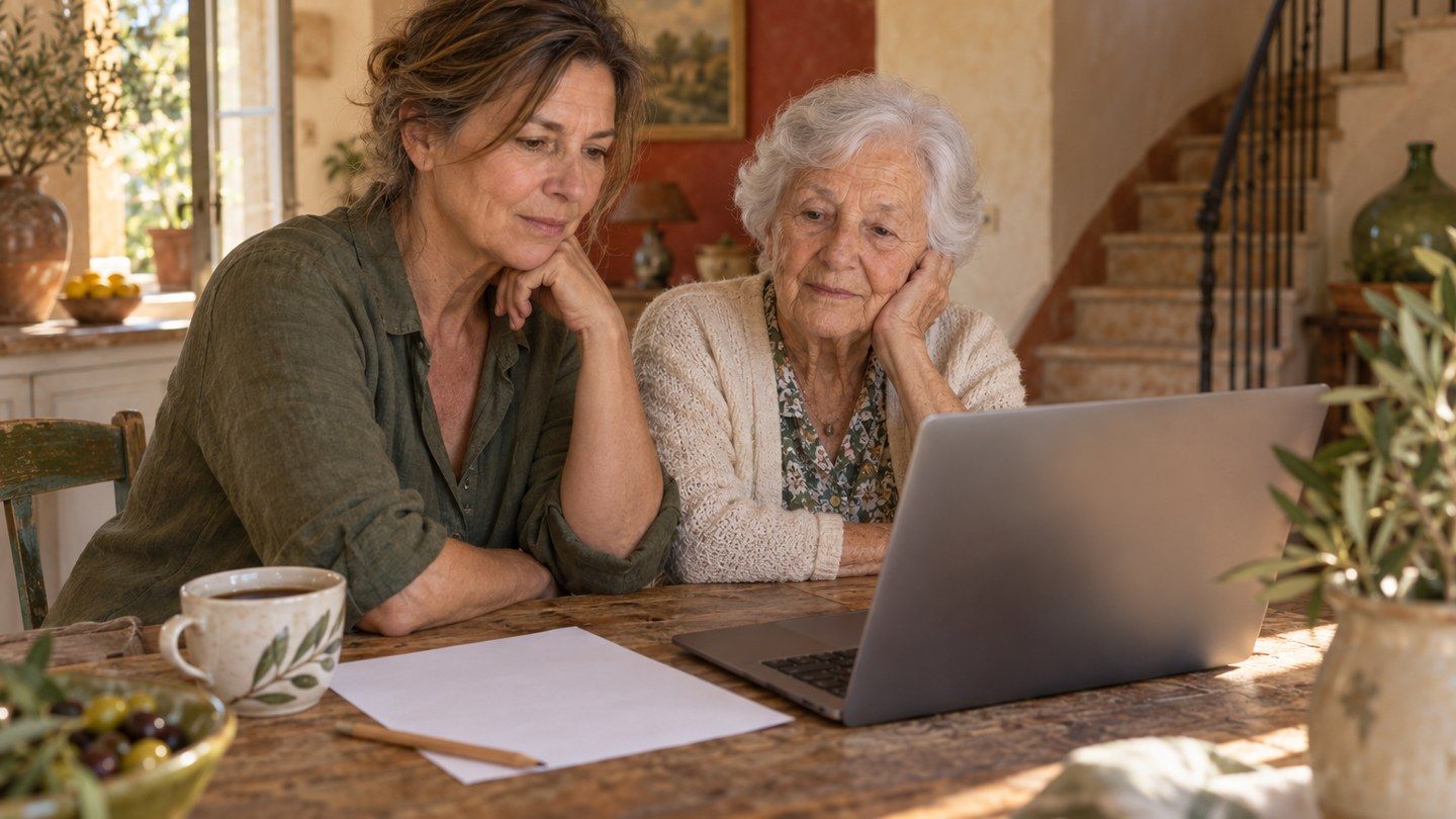 Une femme et sa mère âgée étudient un devis à la table de la cuisine