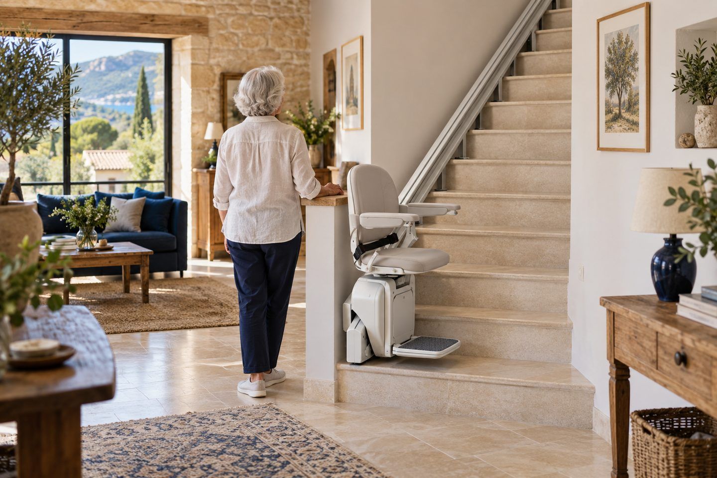 Une femme debout près d’un monte-escalier installé dans une maison lumineuse
