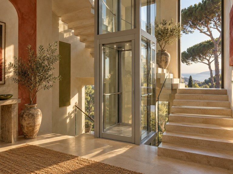 Un ascenseur privatif à cabine vitrée installé dans la cage d’escalier d’une villa